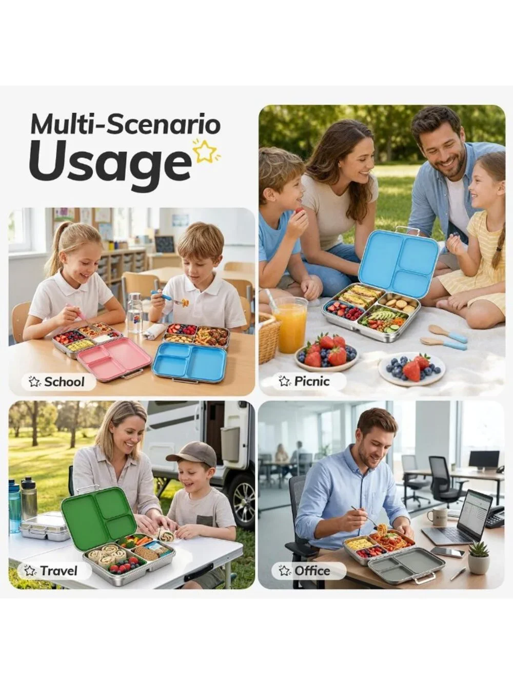 Leak-Resistant Stainless Steel Bento Lunch Box, 3 Compartments, BPA-Free, Grey